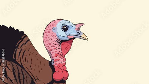 Stylized illustration of a turkey's head and wing against a cream background