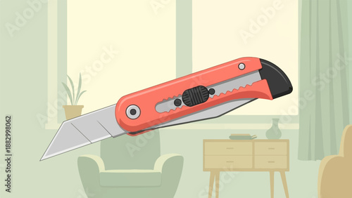 Sharp, red utility knife hovers over a room with furniture