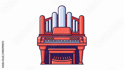 Stylized red pipe organ with blue and white elements, isolated