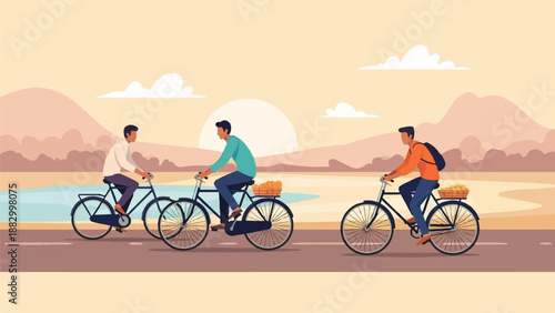 Three men cycle past a serene body of water at sunset