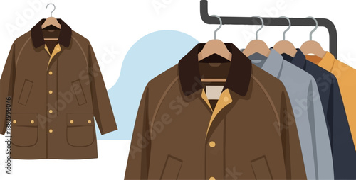 Several jackets hanging on a rack, one isolated