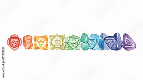 Seven watercolor chakra symbols and stones in rainbow colors