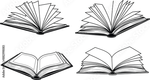 Open book illustrations with varied page spreads, black and white sketch style, minimal concept for education, reading, design