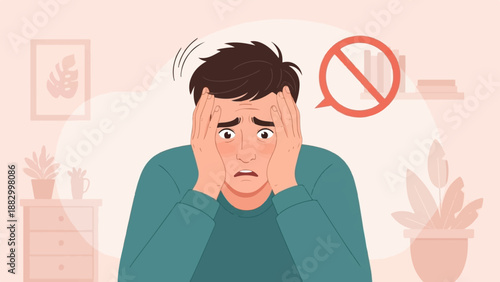 Stressed person with hands on head and prohibition symbol