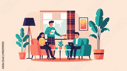 Team collaborates indoors with laptops and coffee, near plants