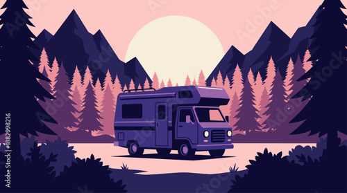 Minimalist Vector Illustration of a Camper Van Parked in a Forest with Mountains in Flat Design