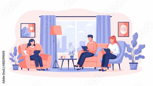 Three people relax in a living room, reading on tablets
