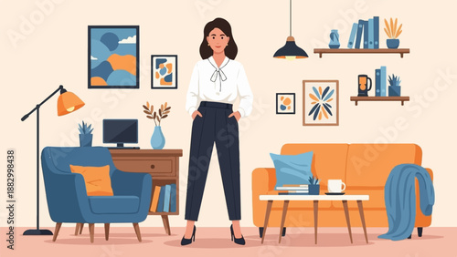 Stylish woman in modern living room with contemporary art and furniture