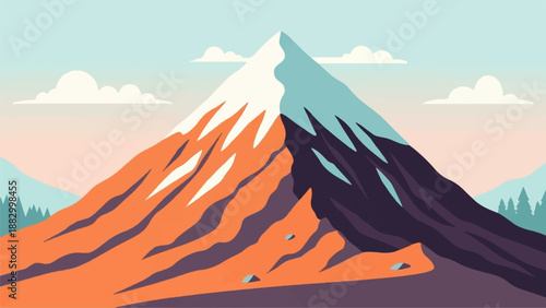 Stylized snowy mountain range with clouds at sunset