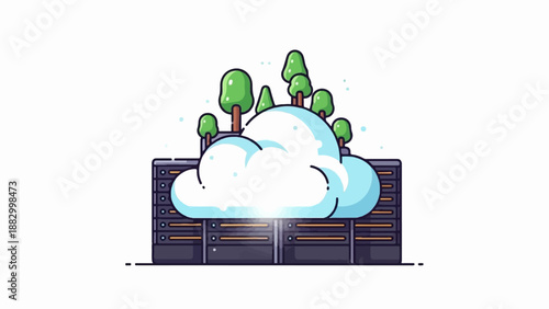 Servers with trees and clouds on white background