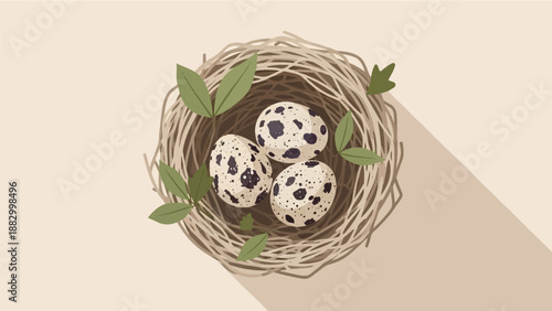 Three speckled eggs nestled in a twiggy nest with green leaves