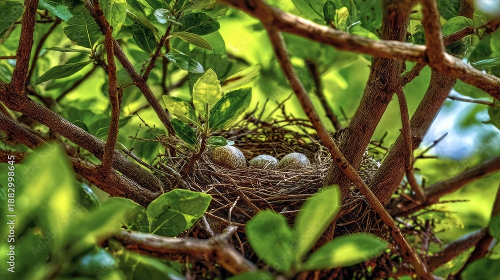 Fototapeta premium A close-up view of a bird's nest nestled within the branches of a lush, leafy tree, holding three speckled eggs