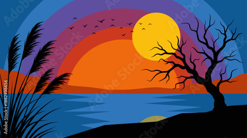 Vibrant Sunset Landscape with Silhouette Tree and Lake Flat Design Vector Illustration