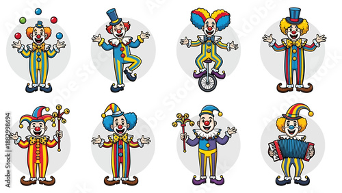Eight colorful cartoon clowns performing diverse acts, from juggling to unicycle riding, embodying joyful entertainment and whimsical circus spirit for festive designs