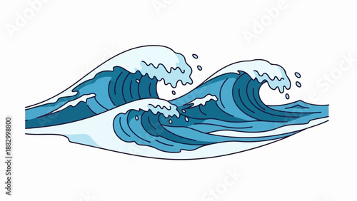 Stylized illustration of crashing blue ocean waves against a white background
