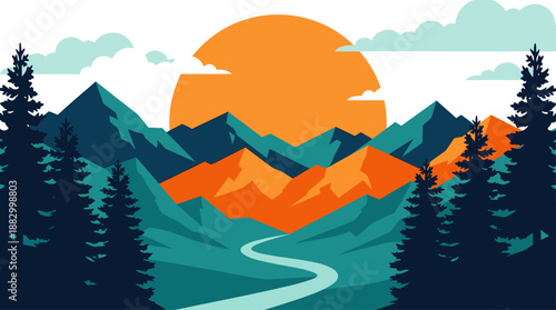 Flat Design Vector Illustration of a Sunset Over Mountain Peaks and Pine Forest
