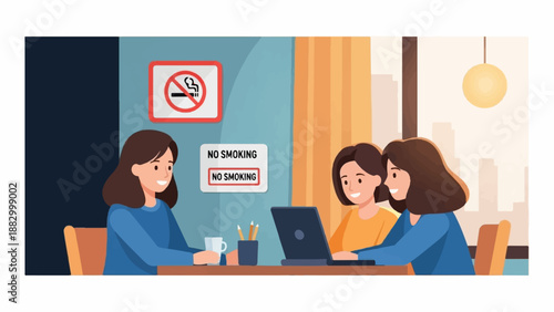 Three women collaborate on a laptop in a bright, modern indoor space