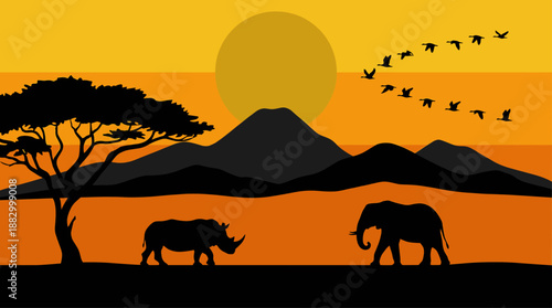 African Savanna Landscape with Elephant Rhino and Sunset Vector Illustration in Flat Design