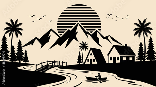 Minimalist Vector Illustration of Mountain Landscape with Houses and River in Flat Design