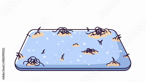 Stylized illustration of hair strands tangled on sandy islands in blue water