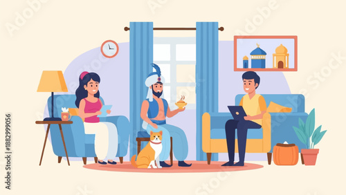 Three people and a dog relax in a living room with modern and traditional elements