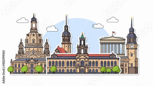 Stylized illustration of iconic historical buildings against a sky background