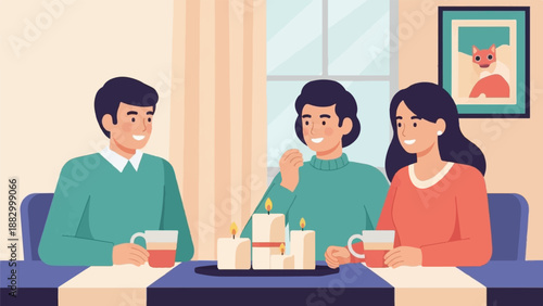 Three people sit at a table with candles and drinks, smiling