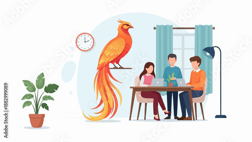Team working collaboratively in an office space with a mythical phoenix watching