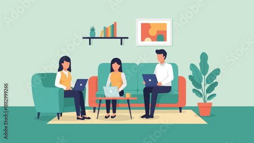 Three people sit on sofas working on laptops in a modern living room