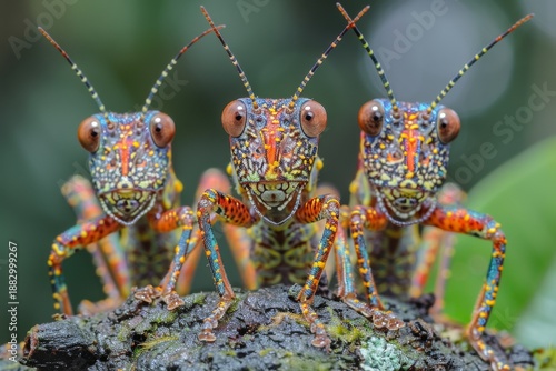 Colorful grasshoppers posed on a dark surface in a tropical forest during daytime