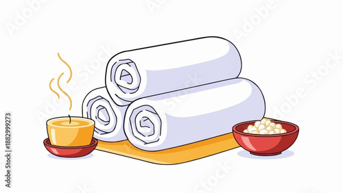 Soft white towels stacked with a lit candle and a bowl of pearls