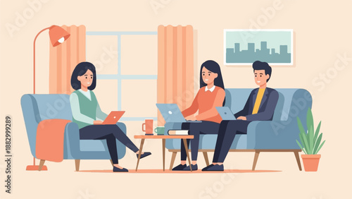 Three people sit on couches working on laptops in a living room