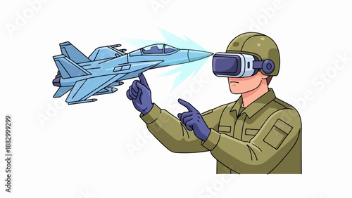 Soldier in VR headset interacts with a fighter jet simulation