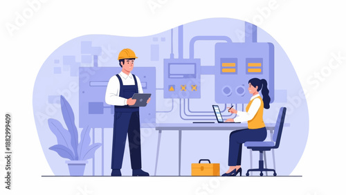 Technician and engineer collaborate on industrial equipment using technology