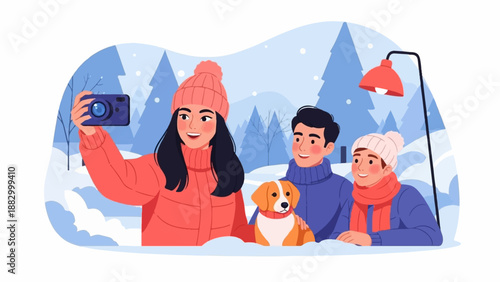 Three people and a dog take a selfie in a snowy forest with trees