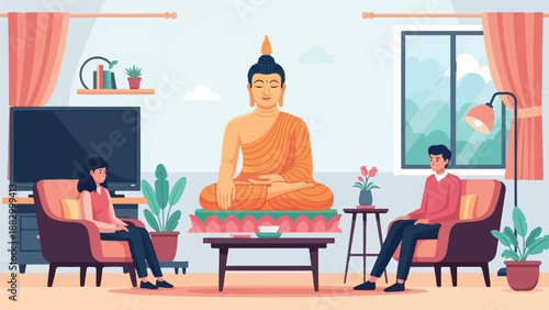 Serene living room with a large Buddha statue and two people meditating