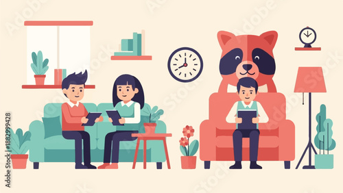 Three people and a raccoon plush toy in a cozy living room