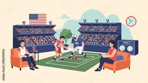 Spectators watch American football players on field from stadium seating