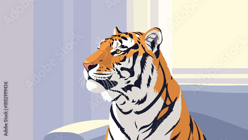 Stylized tiger portrait with bold stripes, orange, black, white, and muted background colors
