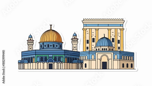 Stylized illustration of religious structures with domes and minarets