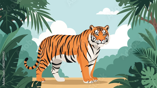 Stylized tiger stands in a lush jungle amidst tropical foliage