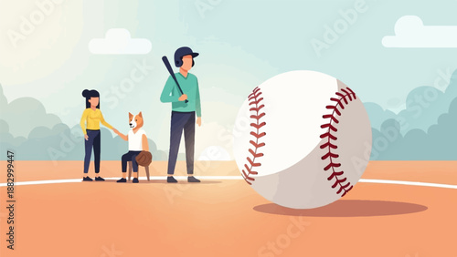 Stylized baseball players and dog on field with giant ball