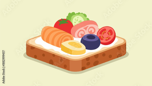 Stylized toast with cream cheese and various toppings including fruit