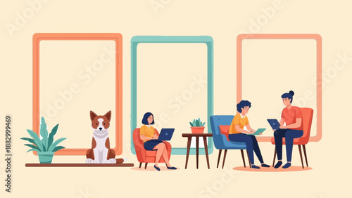 Three people and dog in a cozy room with laptops and plants