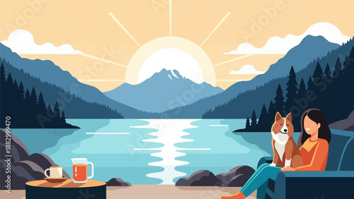 Serene lakeside morning with a person and dog