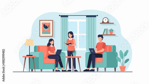 Three people are working on laptops in a cozy living room