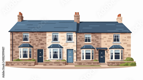 Stylized illustration of stone terraced houses with bay windows