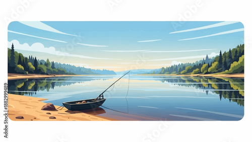 Serene lake reflection with a fishing boat and rod on shore