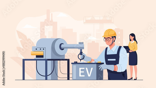 Technician assembles an EV battery in a factory with a supervisor observing