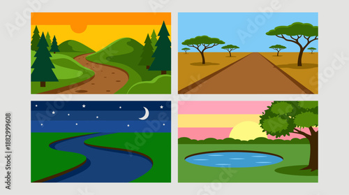 Set of Four Minimalist Nature Landscape Scenes in Flat Design Vector Illustration Style